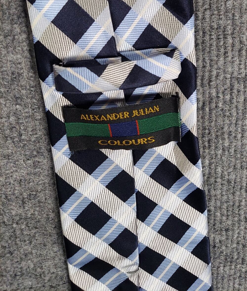 Alexander Julian Colours Men's Necktie Silk Plaid Check Blue Navy Silver Classic